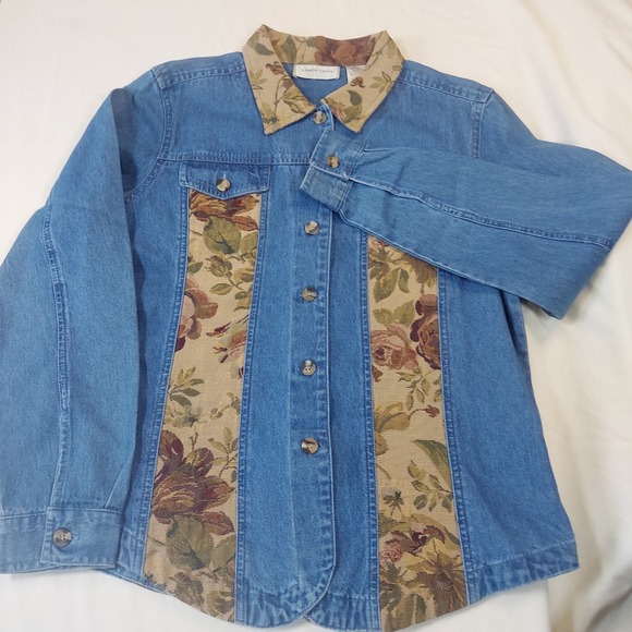 Lemon Grass Womens Denim Floral Tapestry Jacket Blue Medium Wash Button Up M - Picture 2 of 7